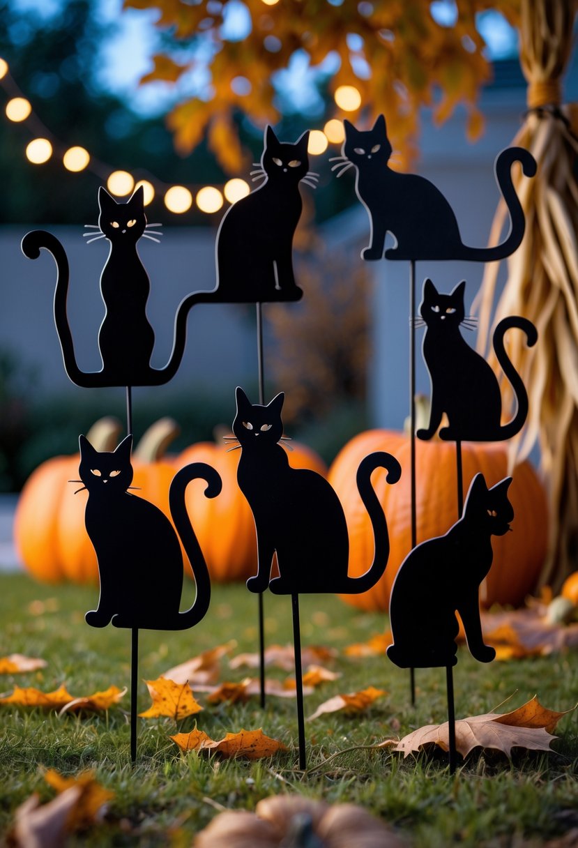 Fourteen black cat silhouette yard stakes arranged on a lawn with autumn leaves and Halloween decorations in the background.