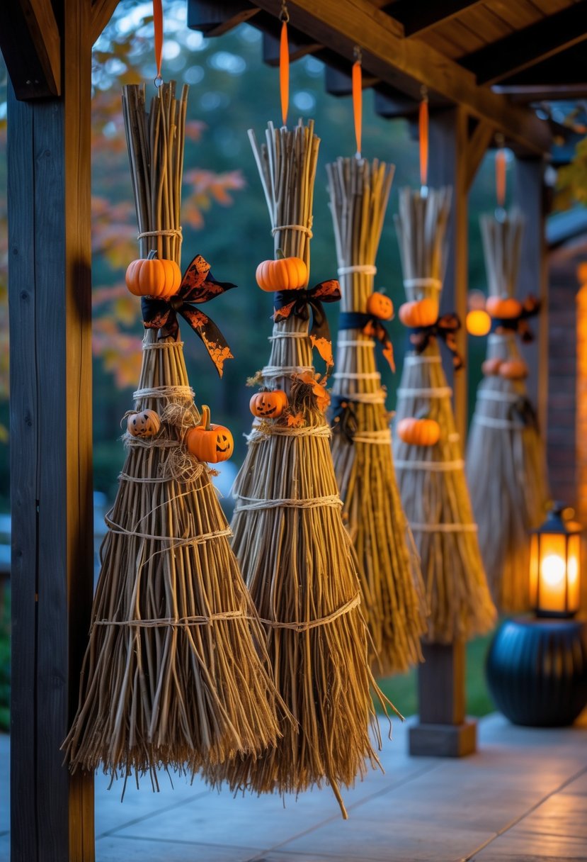 Fourteen witch broom bundles hanging on a patio wall as Halloween decorations with autumn leaves and lanterns in the background.