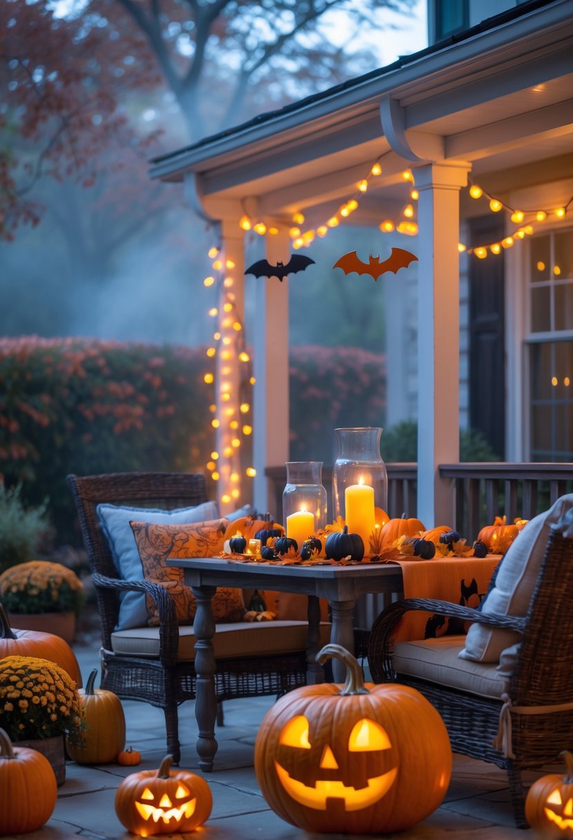 Outdoor patio decorated with carved pumpkins, string lights, autumn leaves, and festive candles for Halloween.