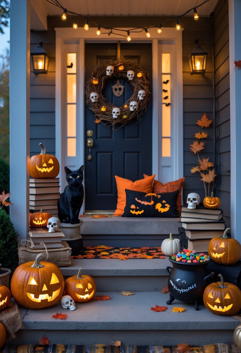 A front porch decorated with carved pumpkins, autumn leaves, fairy lights, a spooky wreath, and Halloween-themed ornaments at twilight.