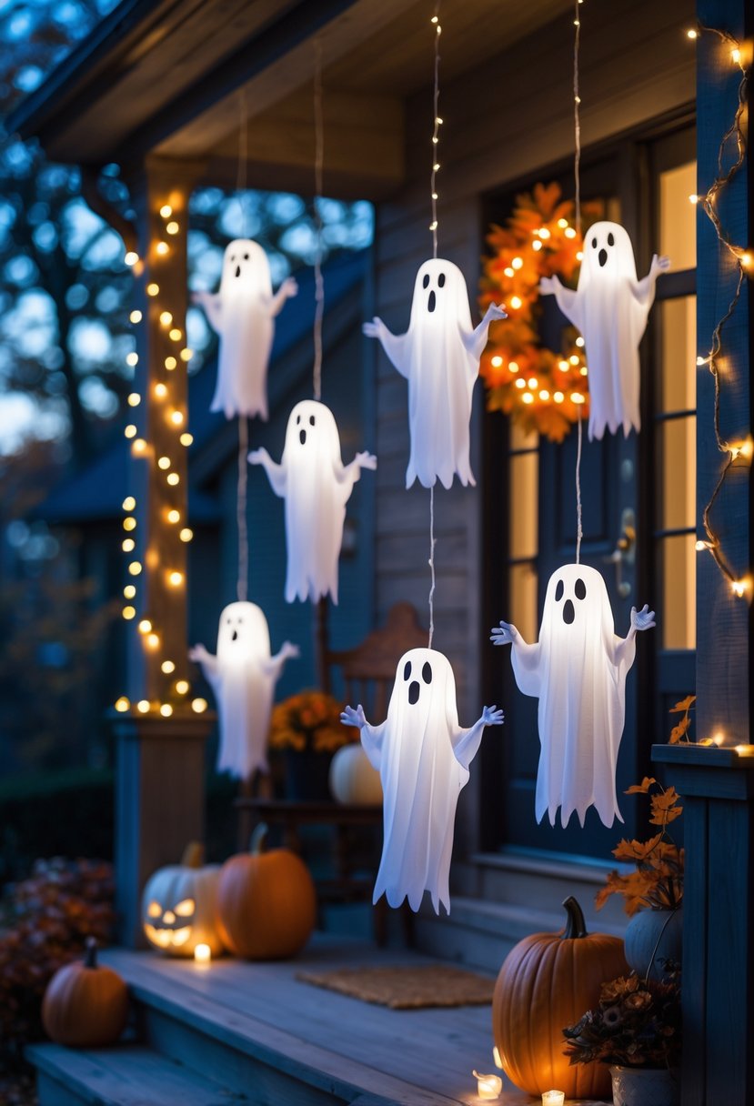 A porch decorated for Halloween with hanging ghost silhouettes lit by LED lights, pumpkins, and autumn decorations.