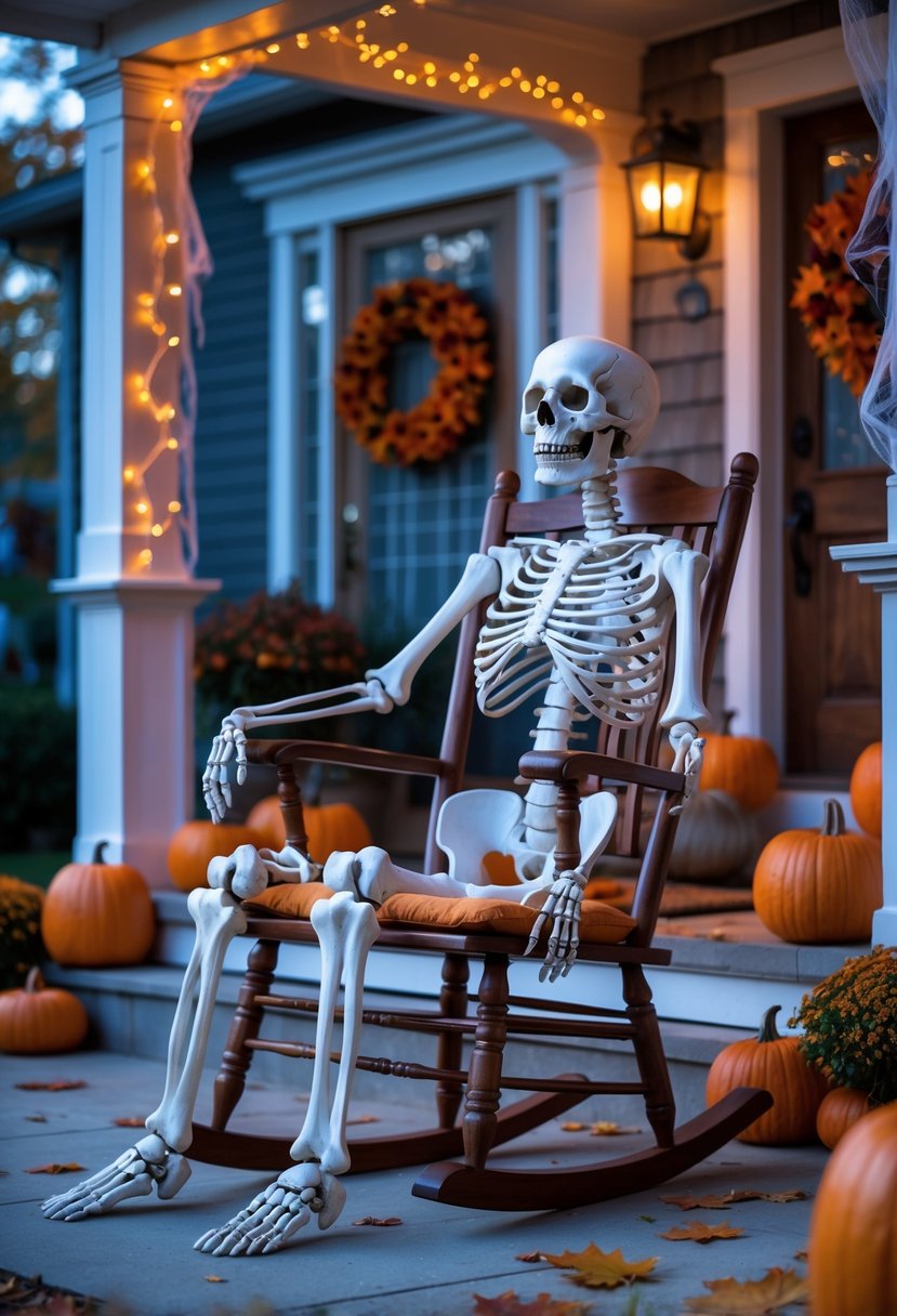 A human skeleton sitting on a wooden rocking chair on a decorated Halloween porch with pumpkins and string lights.
