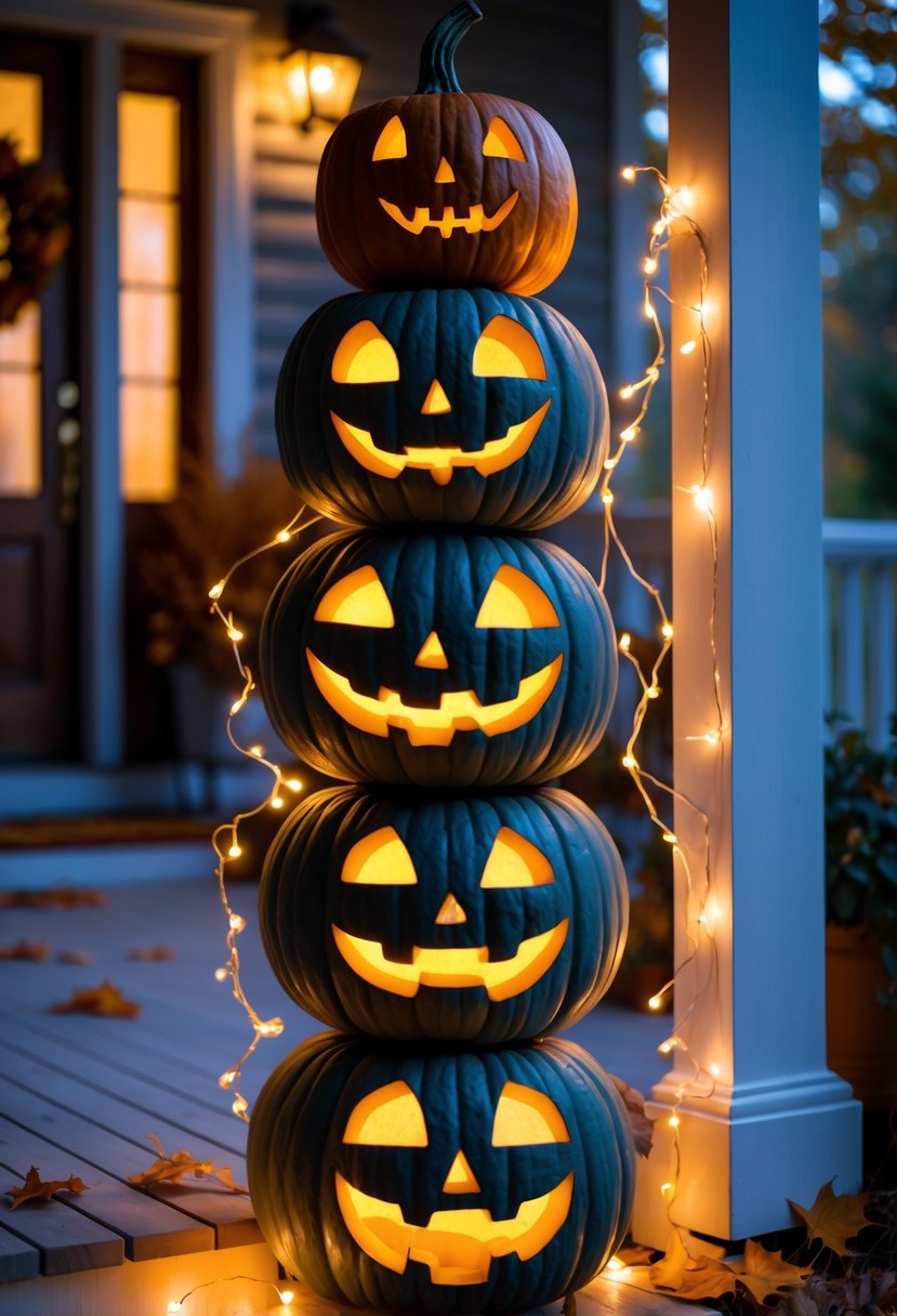 A stack of three carved pumpkins with glowing faces and fairy lights on a porch decorated for Halloween.