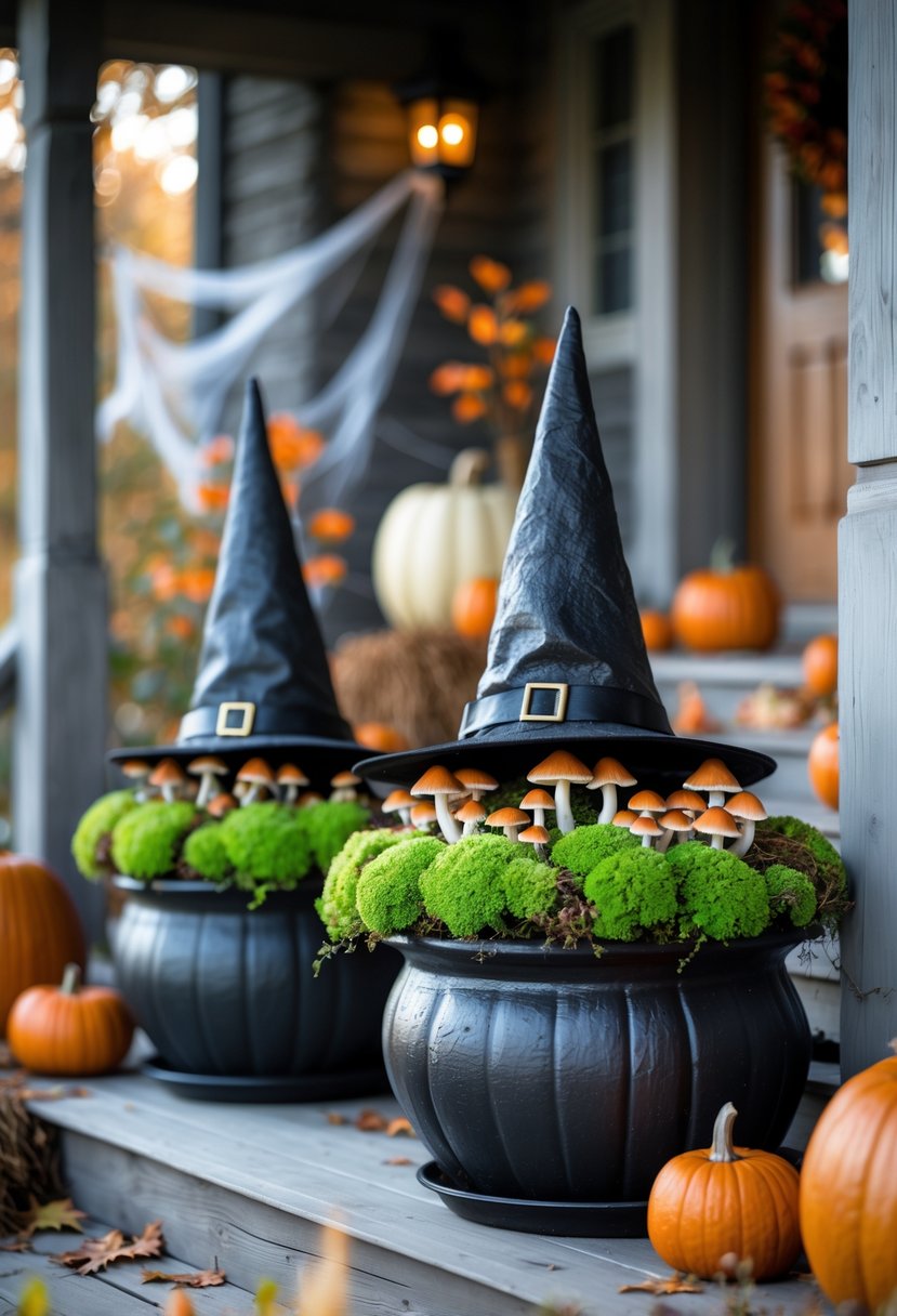 A porch decorated with witch hat planters filled with moss and mushrooms, surrounded by pumpkins and autumn leaves.