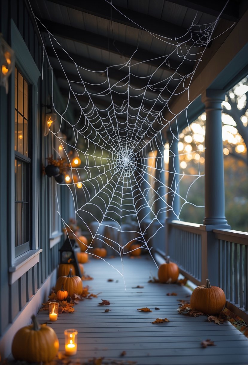 A porch ceiling covered in a large spider web with black spiders and Halloween decorations like pumpkins and candles nearby.