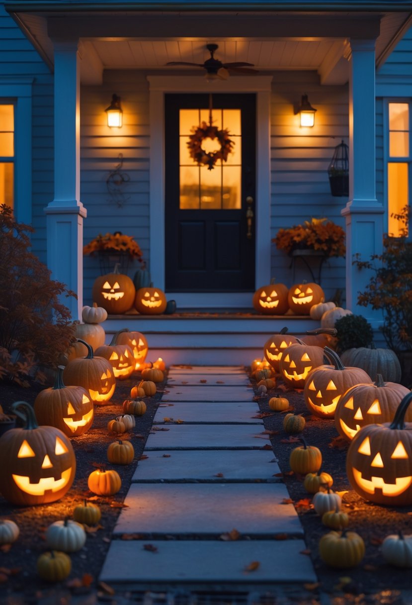 A porch decorated with thirteen glowing jack-o'-lanterns lining the pathway at dusk.