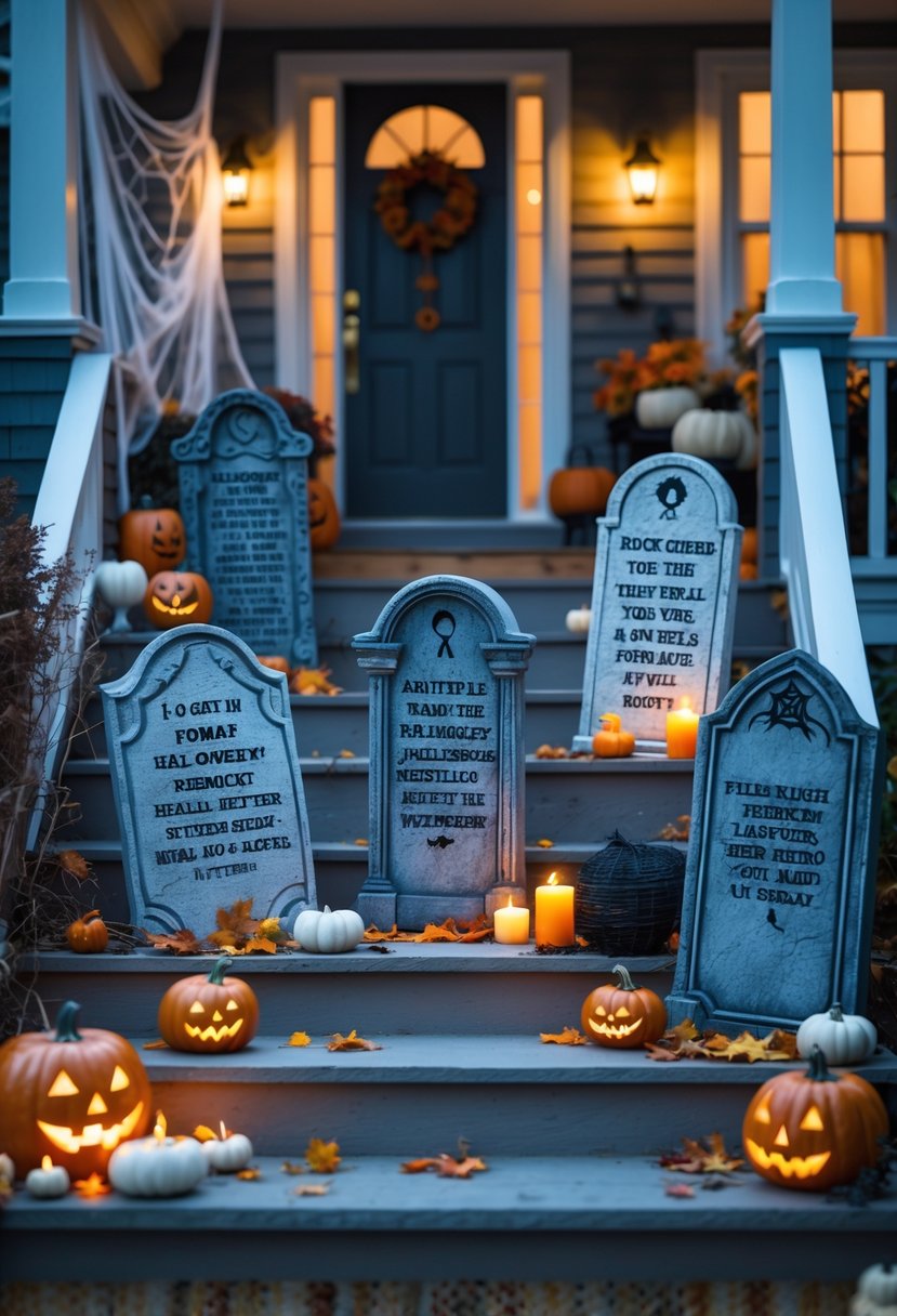 A porch decorated with several DIY tombstones and Halloween decorations including cobwebs, lanterns, and pumpkins.