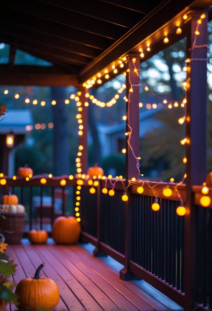Porch railings wrapped with orange and purple string lights glowing in the evening with Halloween decorations nearby.