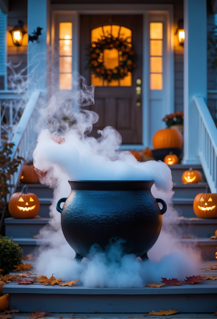 A Halloween porch with a black cauldron emitting thick dry ice fog, surrounded by pumpkins, autumn leaves, and lanterns on wooden steps.