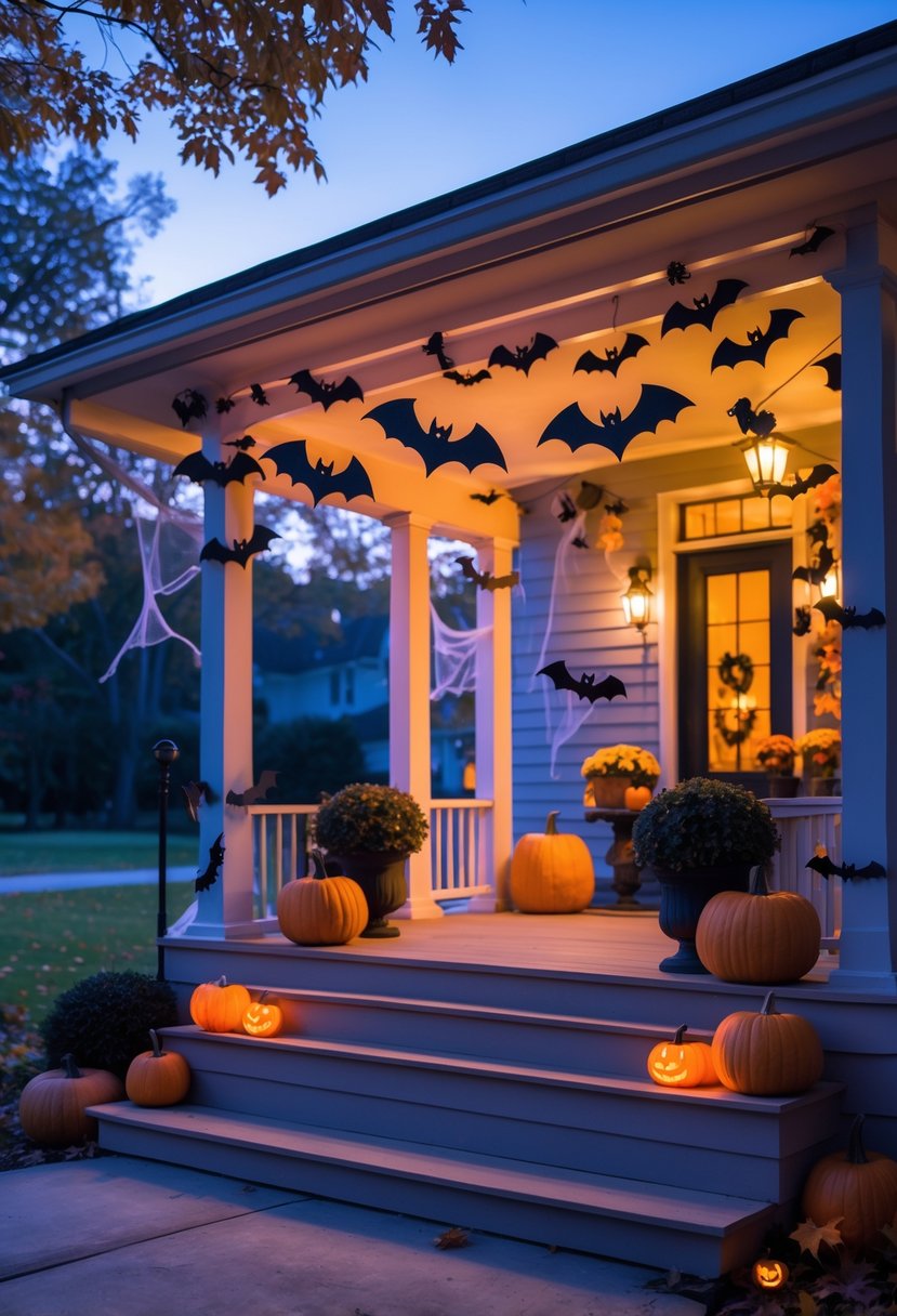 A house porch decorated with bat garlands hanging from the roof along with pumpkins and autumn leaves.