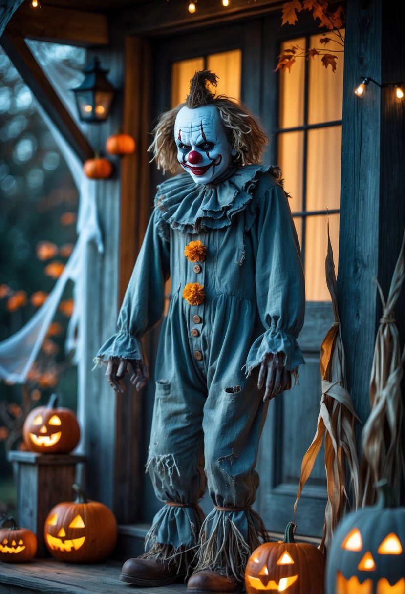 A creepy clown or scarecrow figure standing on a decorated Halloween porch with pumpkins, lanterns, and autumn decorations.