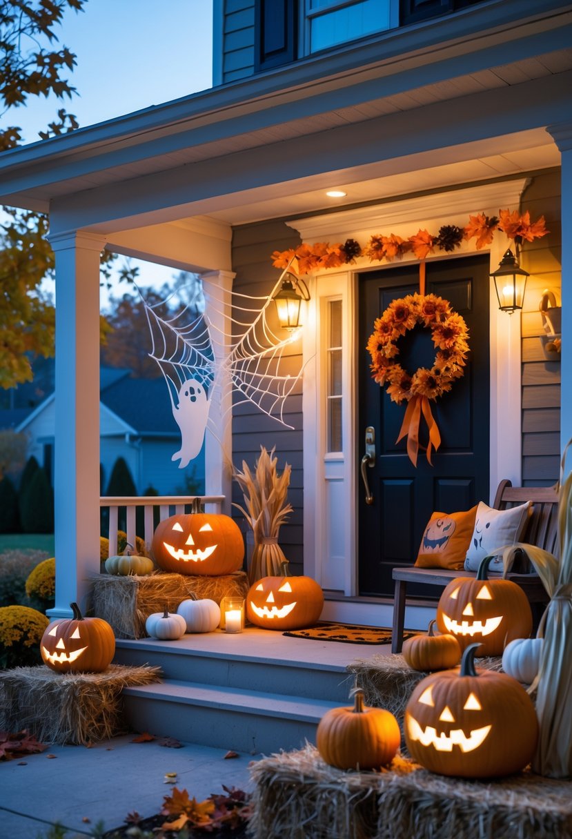 A decorated porch with pumpkins, spider webs, ghosts, and autumn decorations at dusk.