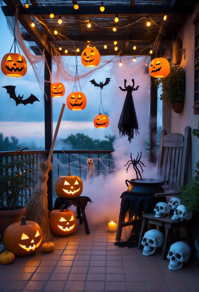 A terrace decorated with glowing carved pumpkins, hanging ghosts, cobwebs, string lights, a witch's broom, a foggy cauldron, skulls, a scarecrow, hanging bats, and a black cat figurine.
