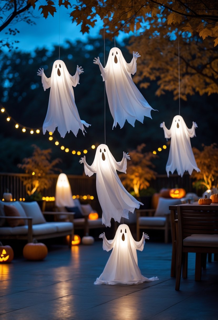 Nighttime outdoor terrace decorated with floating white fabric ghost decorations lit by LED lights and Halloween-themed elements.