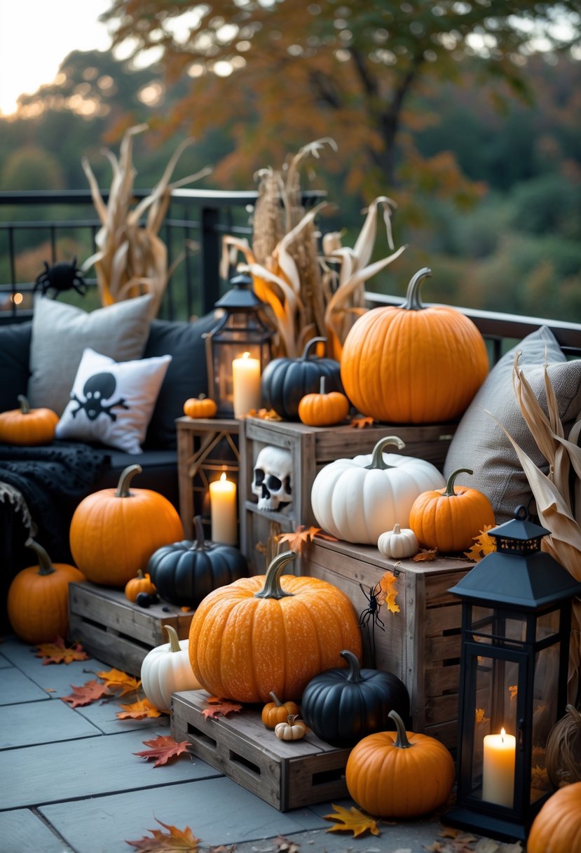 Outdoor terrace decorated with a mix of real and artificial pumpkins, autumn leaves, candles, and subtle Halloween decorations creating a festive fall atmosphere.
