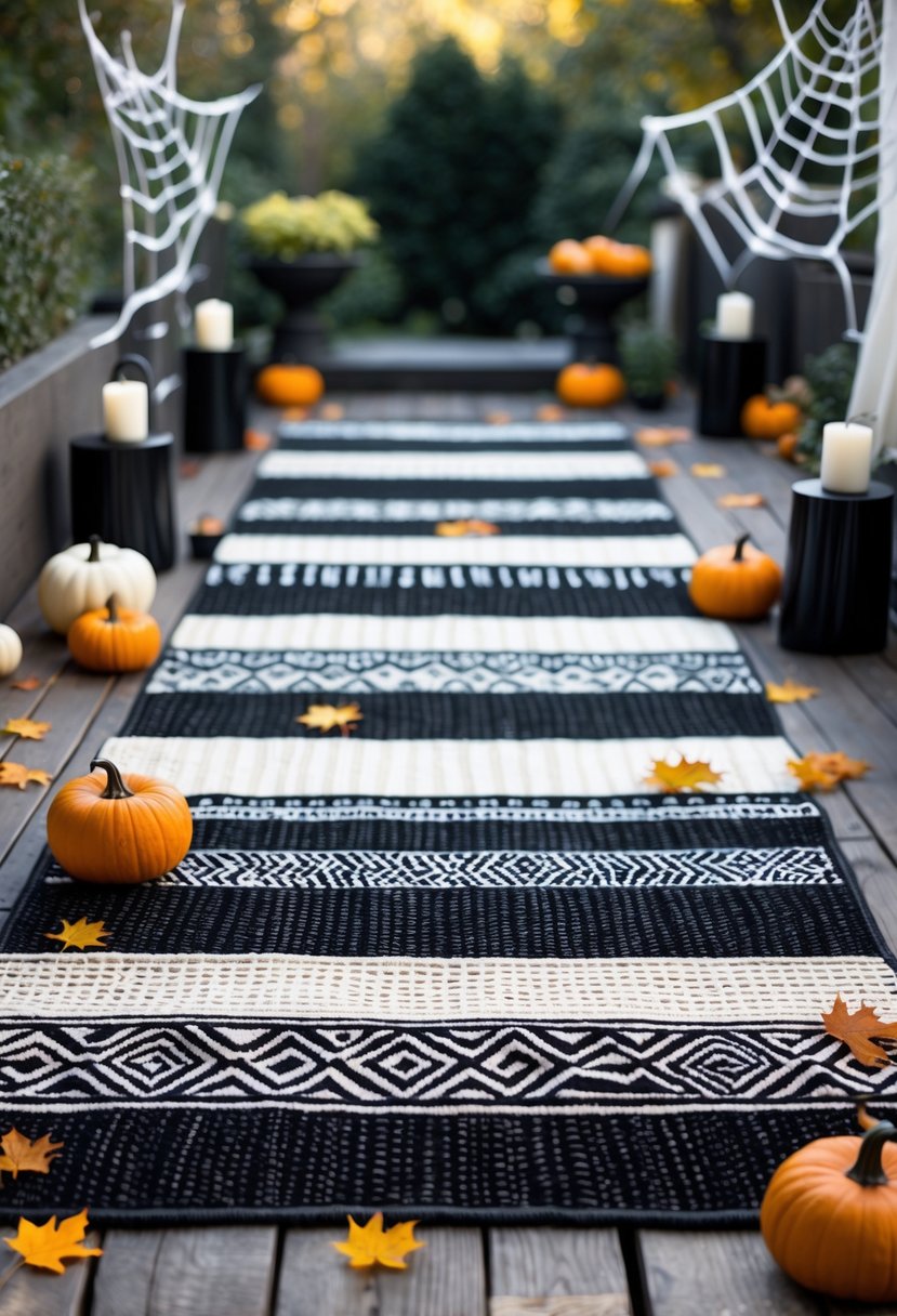 Outdoor terrace decorated for Halloween with black and white layered rugs and subtle spooky decorations including pumpkins, candles, and autumn leaves.