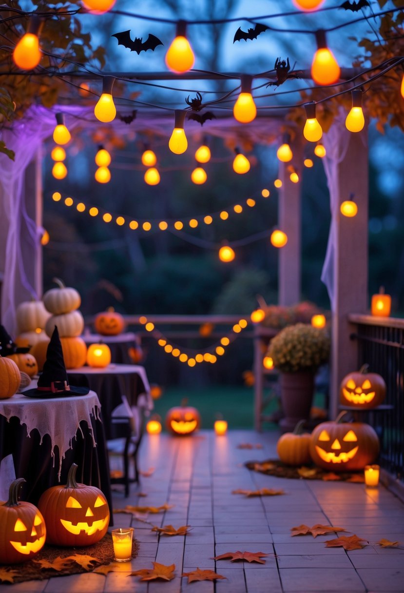 Outdoor terrace decorated for Halloween with string lights featuring orange and purple bulbs, pumpkins, jack-o'-lanterns, and cobwebs.