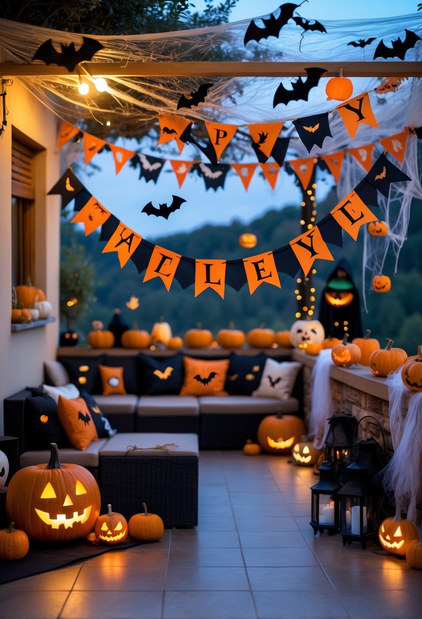 Outdoor terrace decorated with Halloween banners featuring bats and witches, pumpkins, cobwebs, and lanterns creating a spooky atmosphere.
