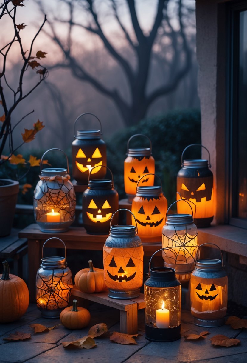 Ten creatively upcycled Halloween lanterns glowing on an outdoor terrace decorated with pumpkins and autumn leaves at dusk.