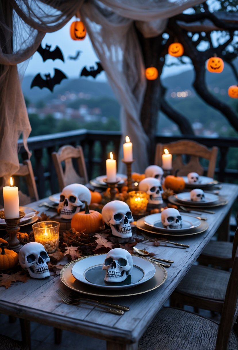 An outdoor terrace dining table decorated with skull-shaped plates and bowls, surrounded by candles, cobwebs, pumpkins, and Halloween decorations.