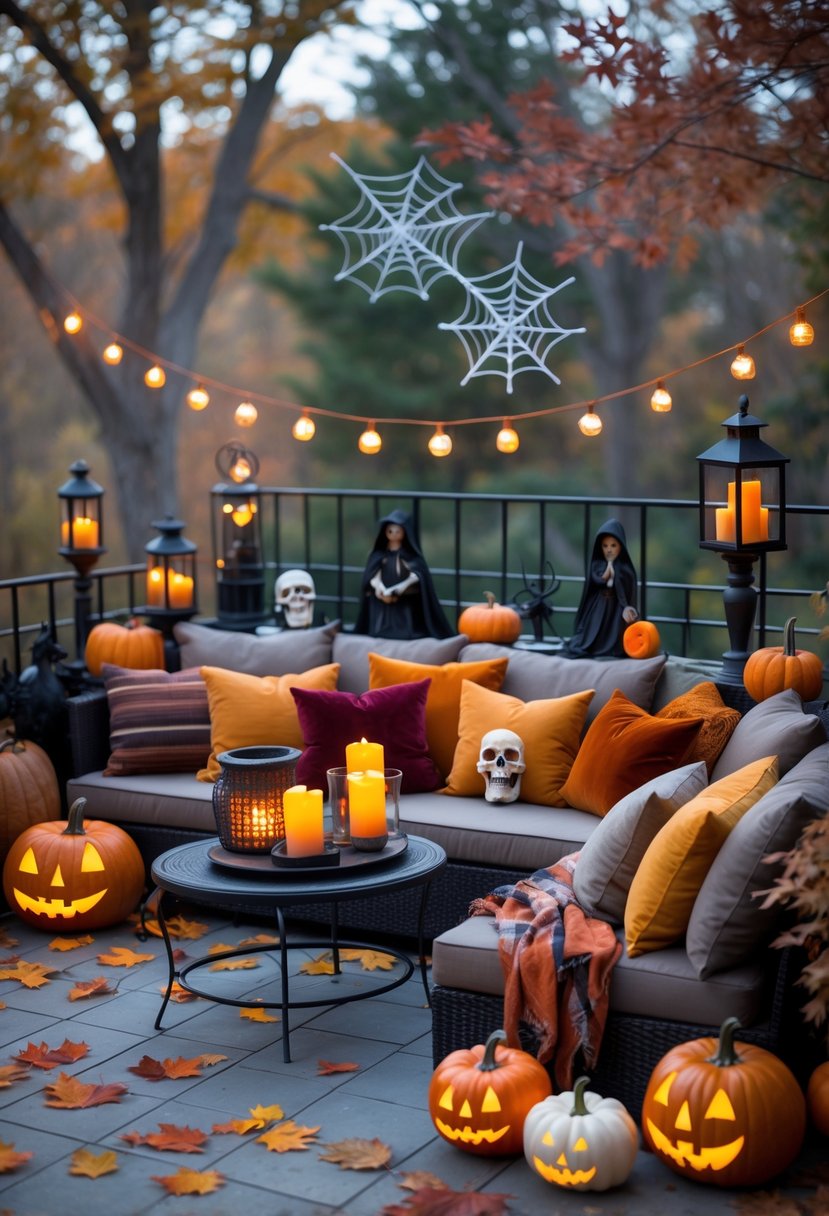 Outdoor terrace with cozy cushions in fall colors and various Halloween decorations including pumpkins, lanterns, and autumn leaves.