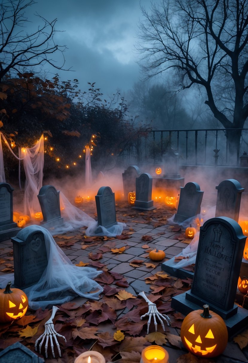 A spooky terrace decorated with tombstone props, pumpkins, cobwebs, and lanterns creating an eerie graveyard scene.