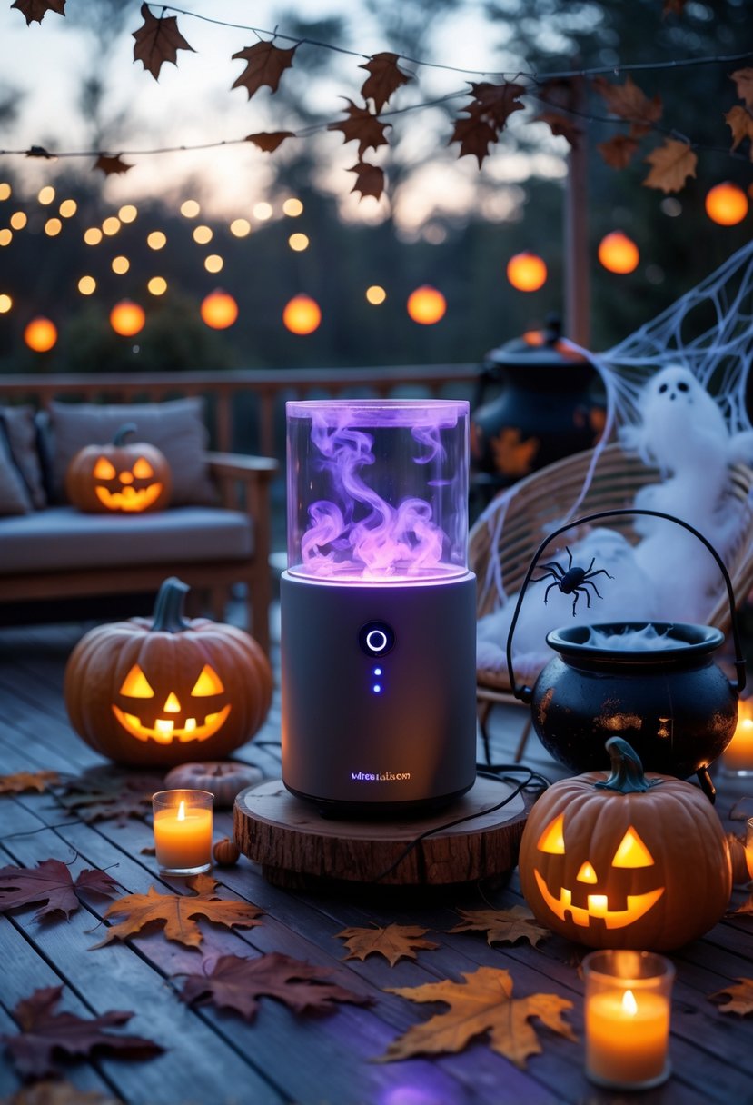 Outdoor terrace decorated with ten spooky Halloween decorations and a Halloween sound effects machine on a table at dusk.