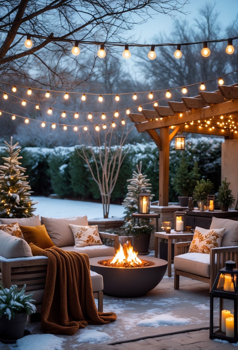 A winter patio decorated with warm lights, cozy seating, a fire pit, blankets, lanterns, evergreen plants, and a hot beverage station surrounded by snow.