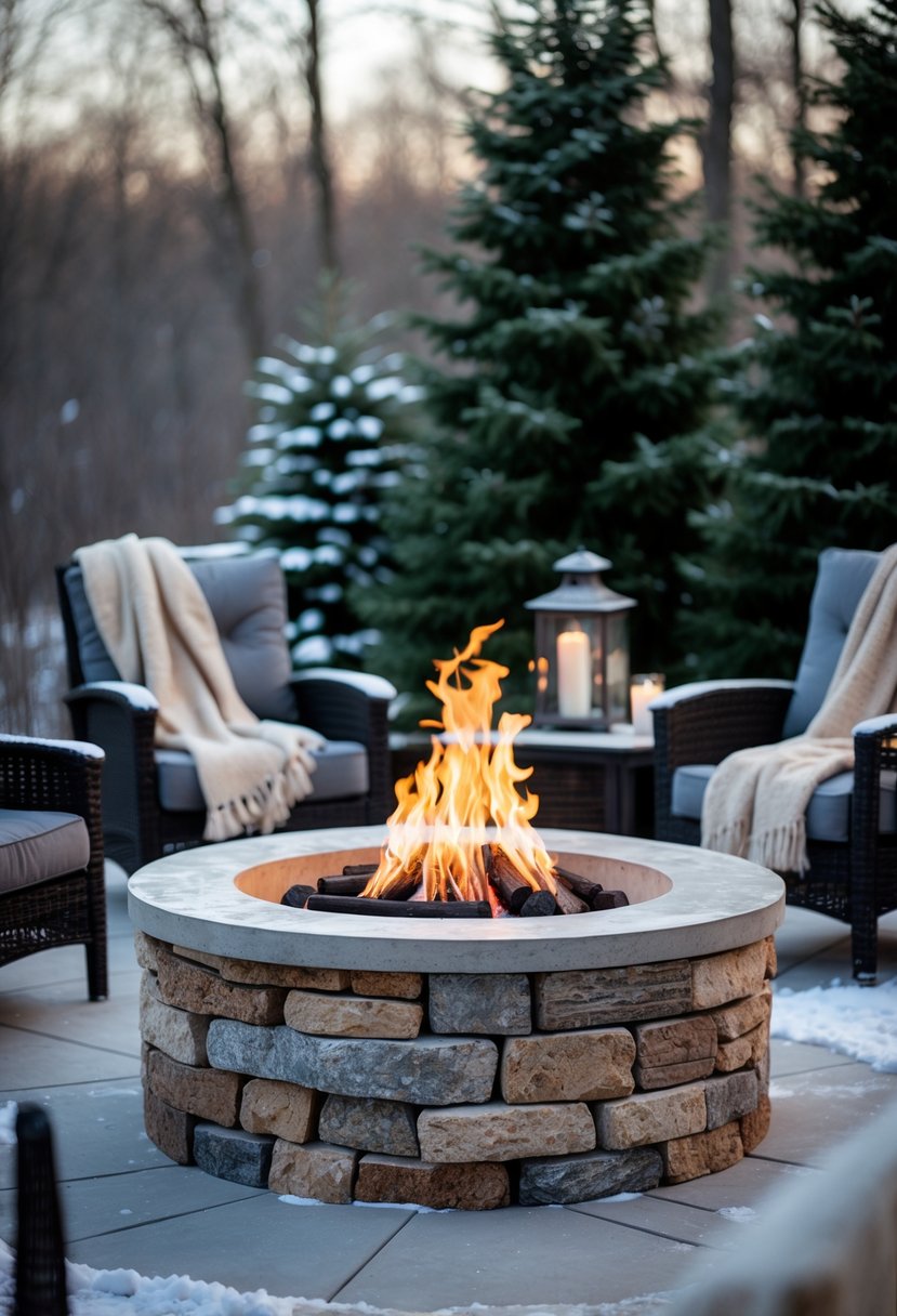 Outdoor winter patio with a natural stone fire pit surrounded by chairs and light snow on the ground.