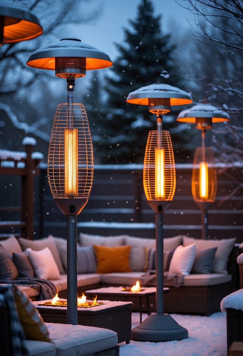 Outdoor patio with hanging propane heaters providing warmth over a seating area in a snowy winter setting.