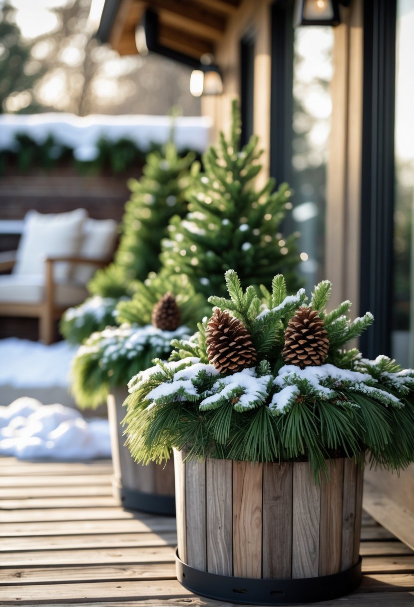 Winter patio with frost-resistant planters filled with evergreens and pinecones on a wooden deck.