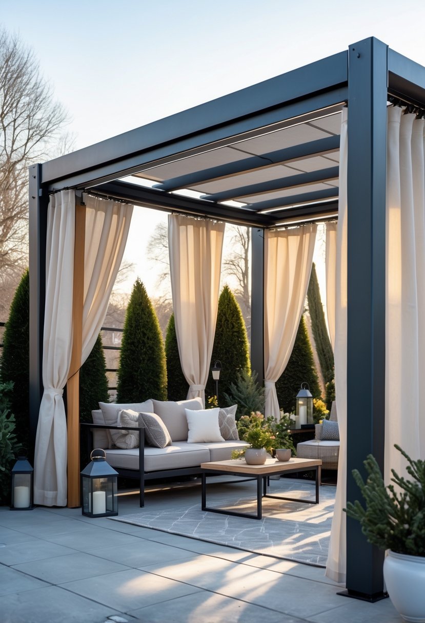 Outdoor patio with a retractable canopy pergola and side curtains, featuring comfortable seating and winter plants.