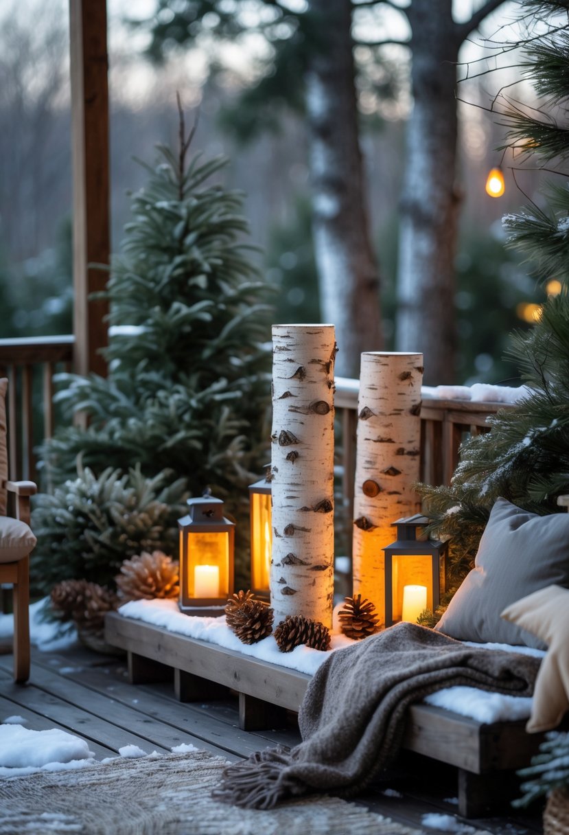 A winter patio decorated with birch logs and glowing lanterns surrounded by snow and evergreen plants.