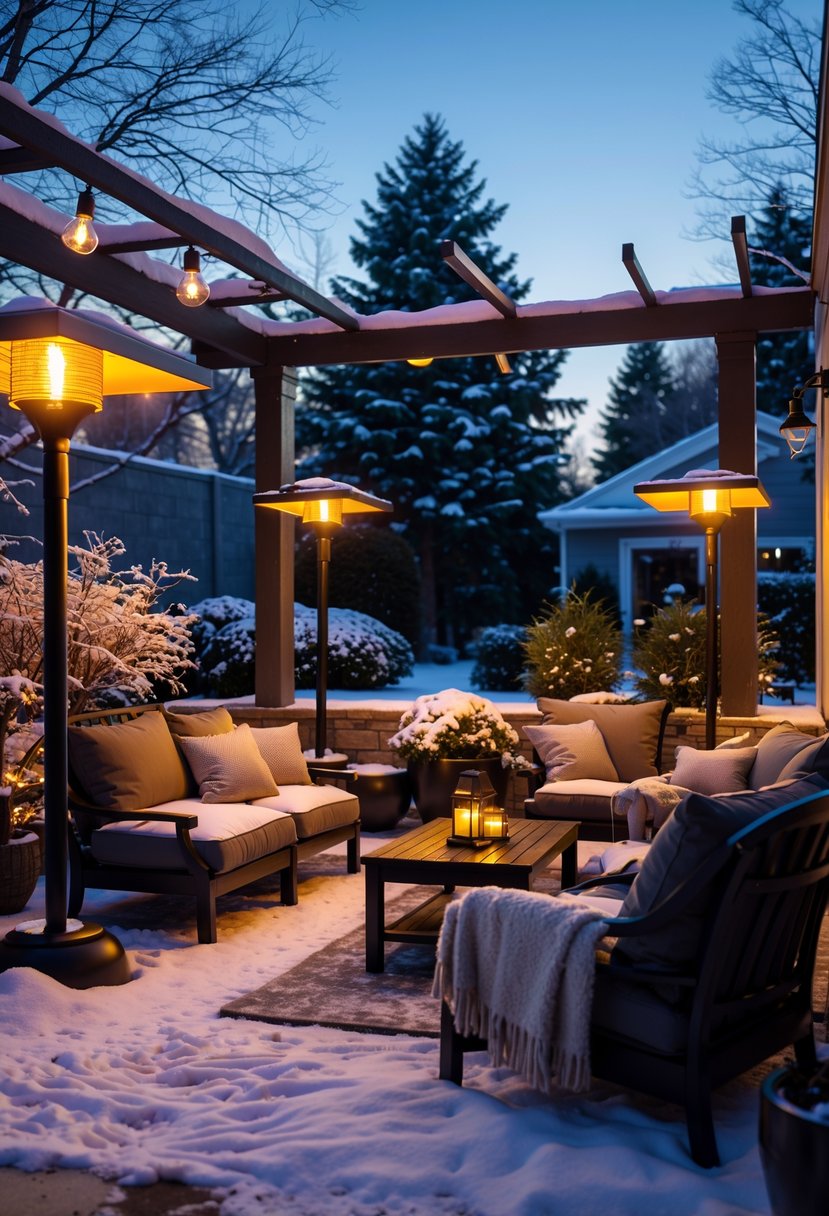 A winter patio with heat lamps glowing above comfortable outdoor seating surrounded by snow-covered plants.
