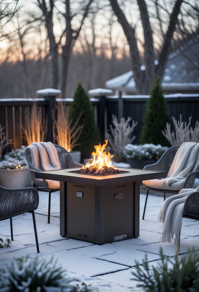 A Shasta Square Fire Table glowing warmly in the center of a winter patio with chairs and blankets around it, surrounded by frosted plants and light snow.