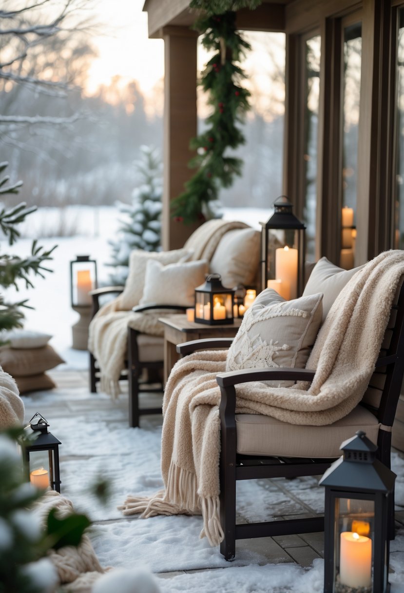 A winter patio with seating areas covered in plush wool and fleece blankets surrounded by snow and winter greenery.