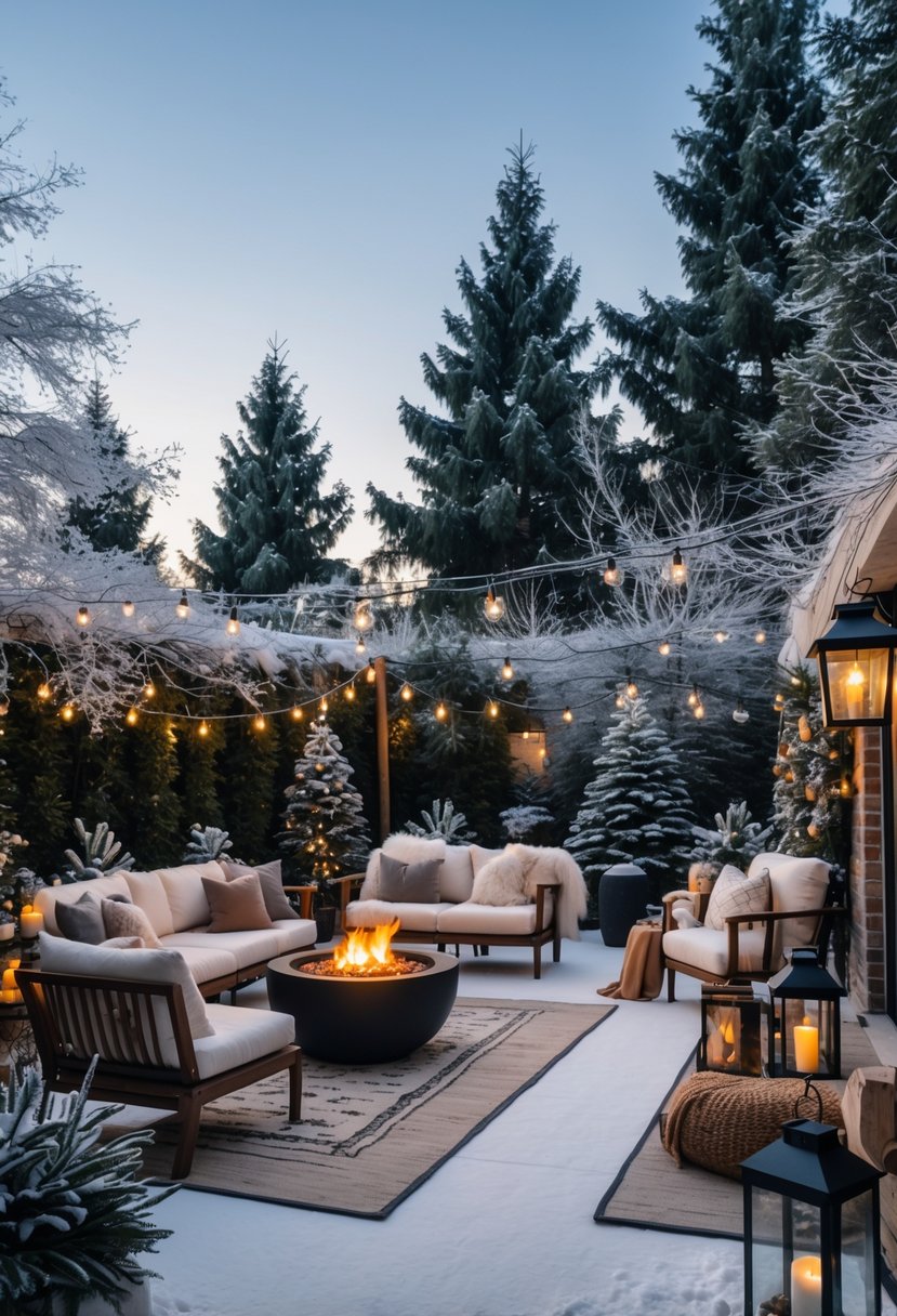 A winter patio with snow, cozy seating, warm blankets, a fire pit, string lights, and evergreen plants.