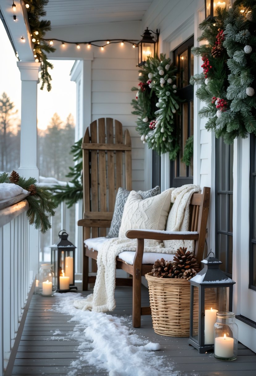 A winter porch decorated with blankets, pillows, pinecone basket, lanterns, and a festive wreath, covered lightly with snow.