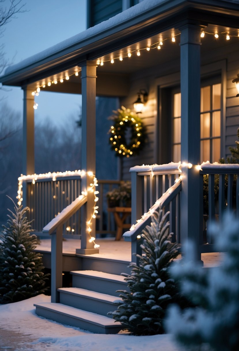 A winter porch decorated with twinkling white LED string lights wrapped around railings and evergreen garlands with snow on the ground.
