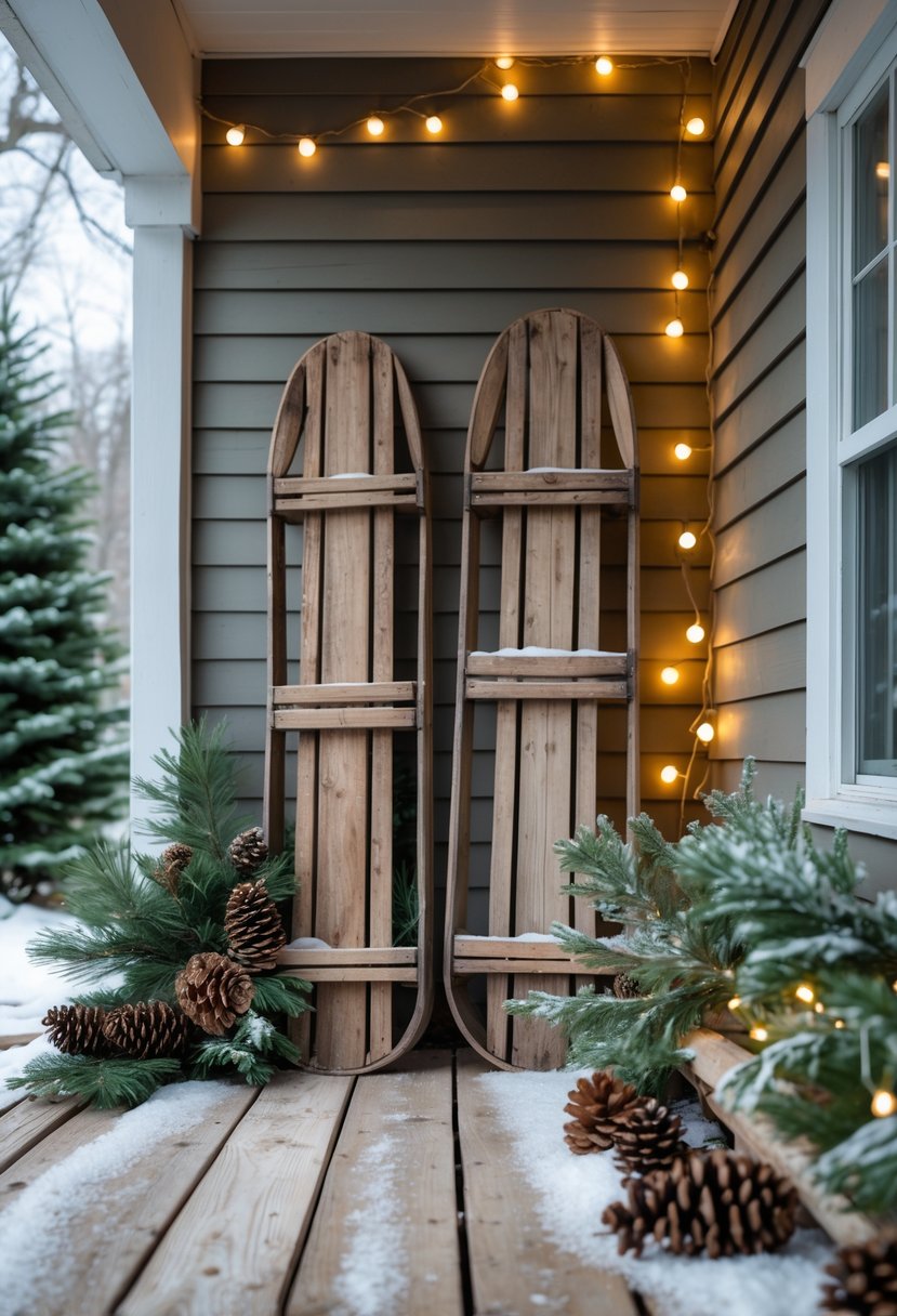 A winter porch decorated with rustic wooden sleds, pinecones, evergreen branches, and warm string lights.
