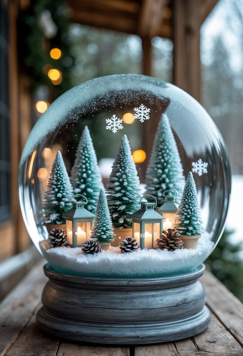 A frosty snow globe on a wooden porch displaying eleven winter-themed decorations inside.