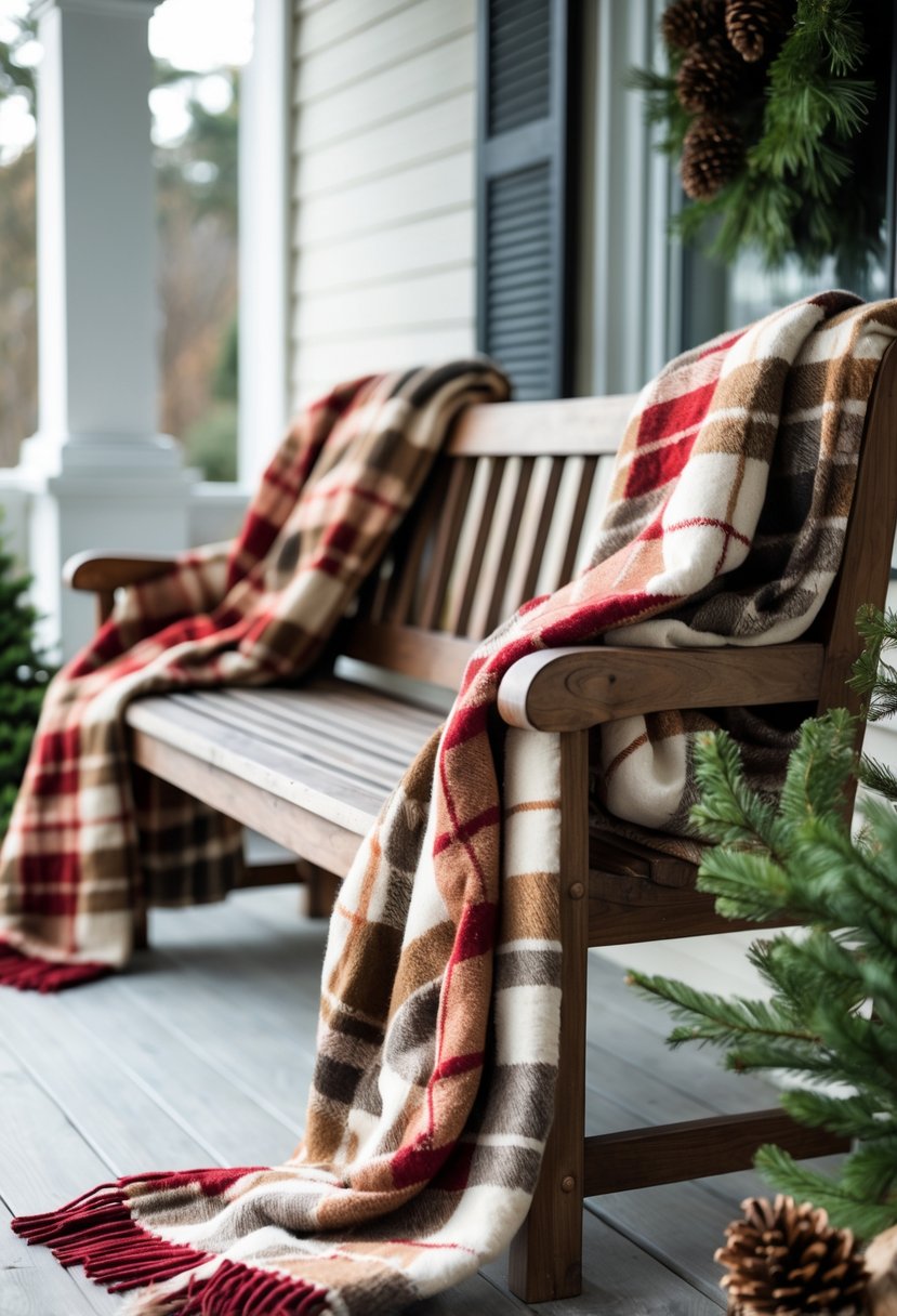 Wooden benches on a winter porch with cozy plaid throw blankets and winter greenery.