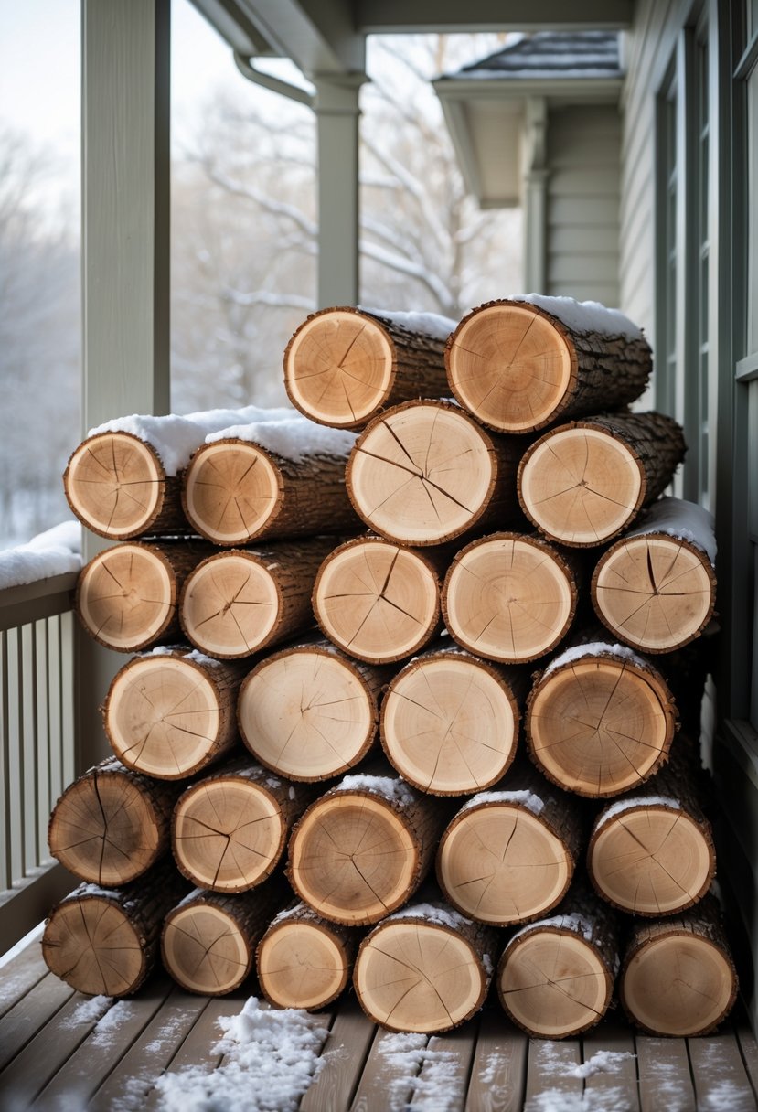 Neatly stacked natural wood logs on a winter porch with a light dusting of snow.