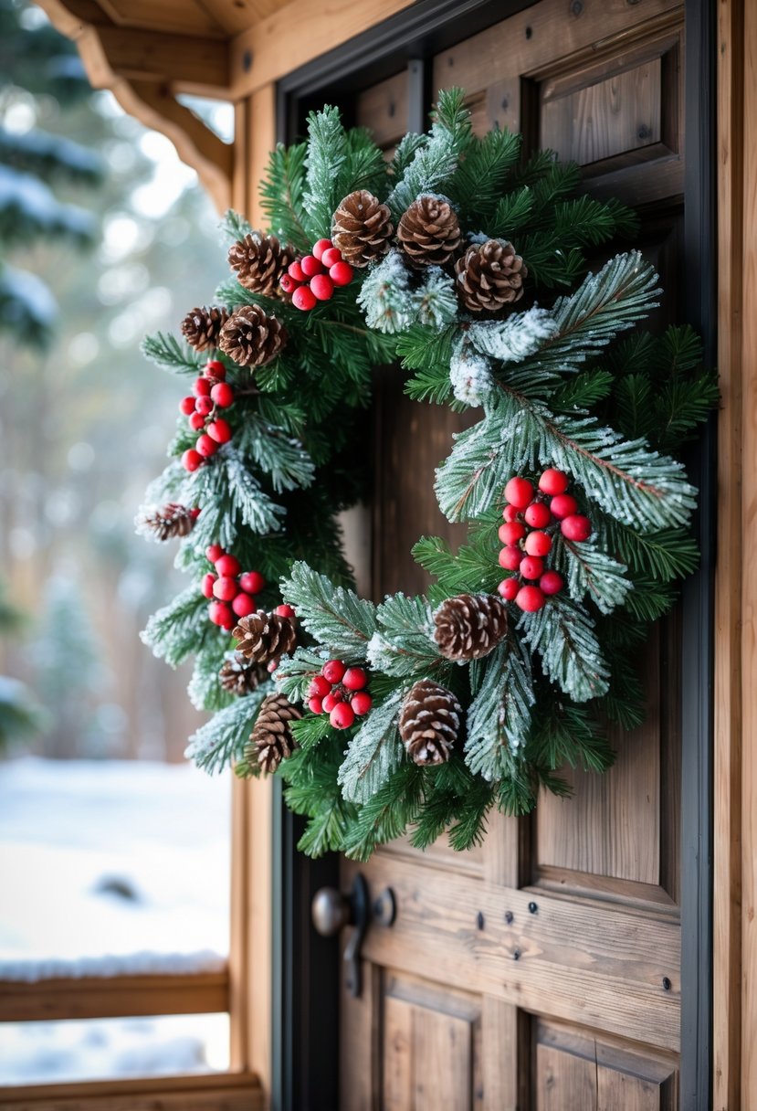 A winter wreath decorated with red berries and pine cones hanging on a wooden porch door with snow on the ground.