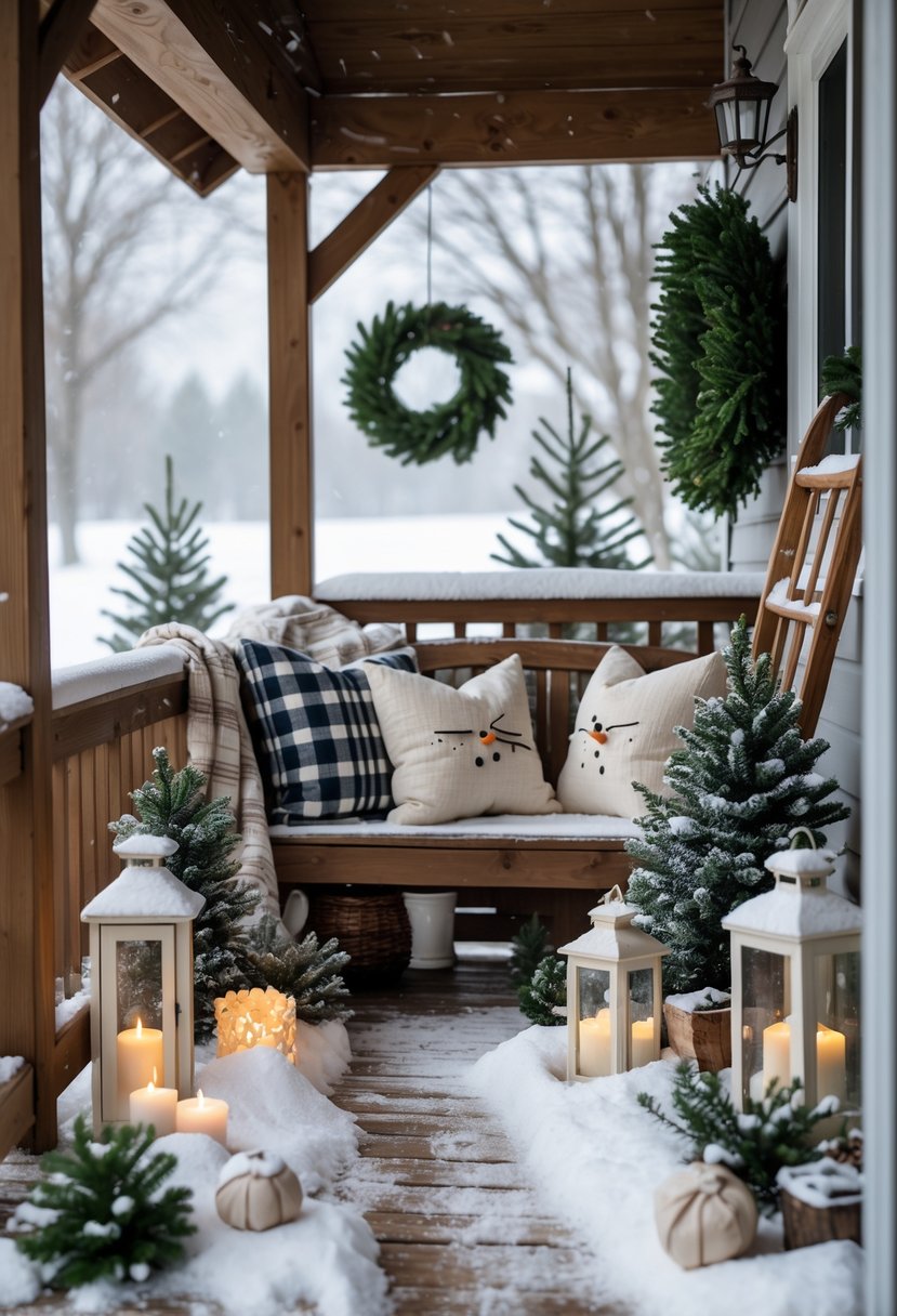 A winter porch decorated with 11 pieces of decor covered in faux snow, including a bench with cushions, pinecone garlands, wreaths, lanterns, snowmen figurines, and a sled.