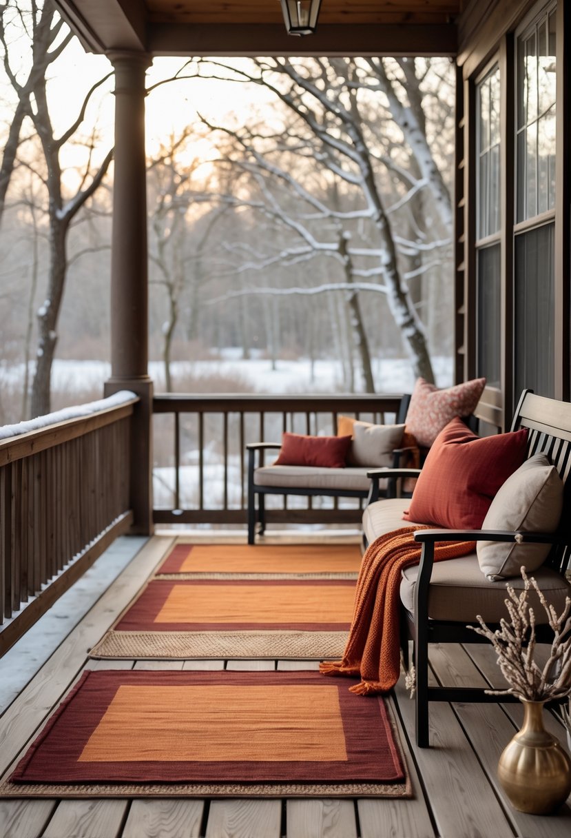 A winter porch with warm-toned outdoor rugs, cushioned seating, and subtle snow visible in the background.
