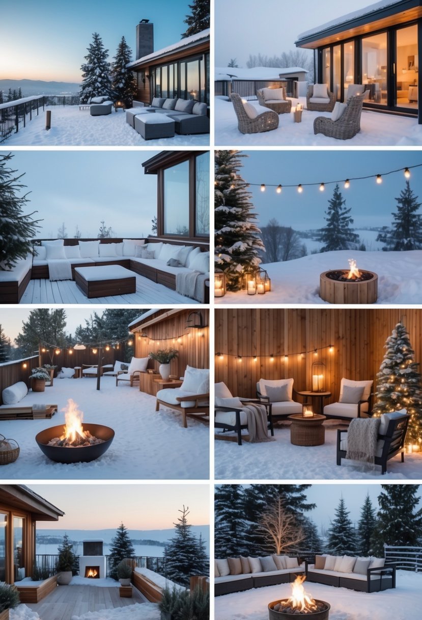 A collection of ten different winter terraces featuring snow-covered furniture, fire pits, string lights, and evergreen plants arranged outdoors.
