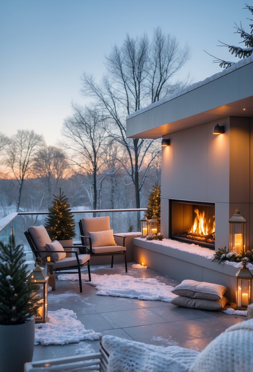 Outdoor terrace with a built-in fireplace surrounded by seating and winter decorations on a snowy day.