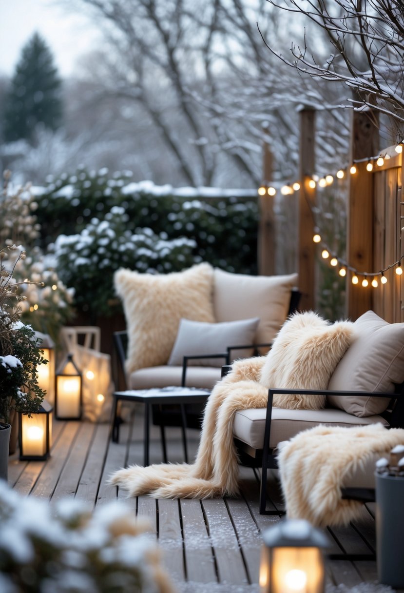 Cozy winter terrace with outdoor seating covered in faux fur throws and pillows, surrounded by soft lighting and snow.