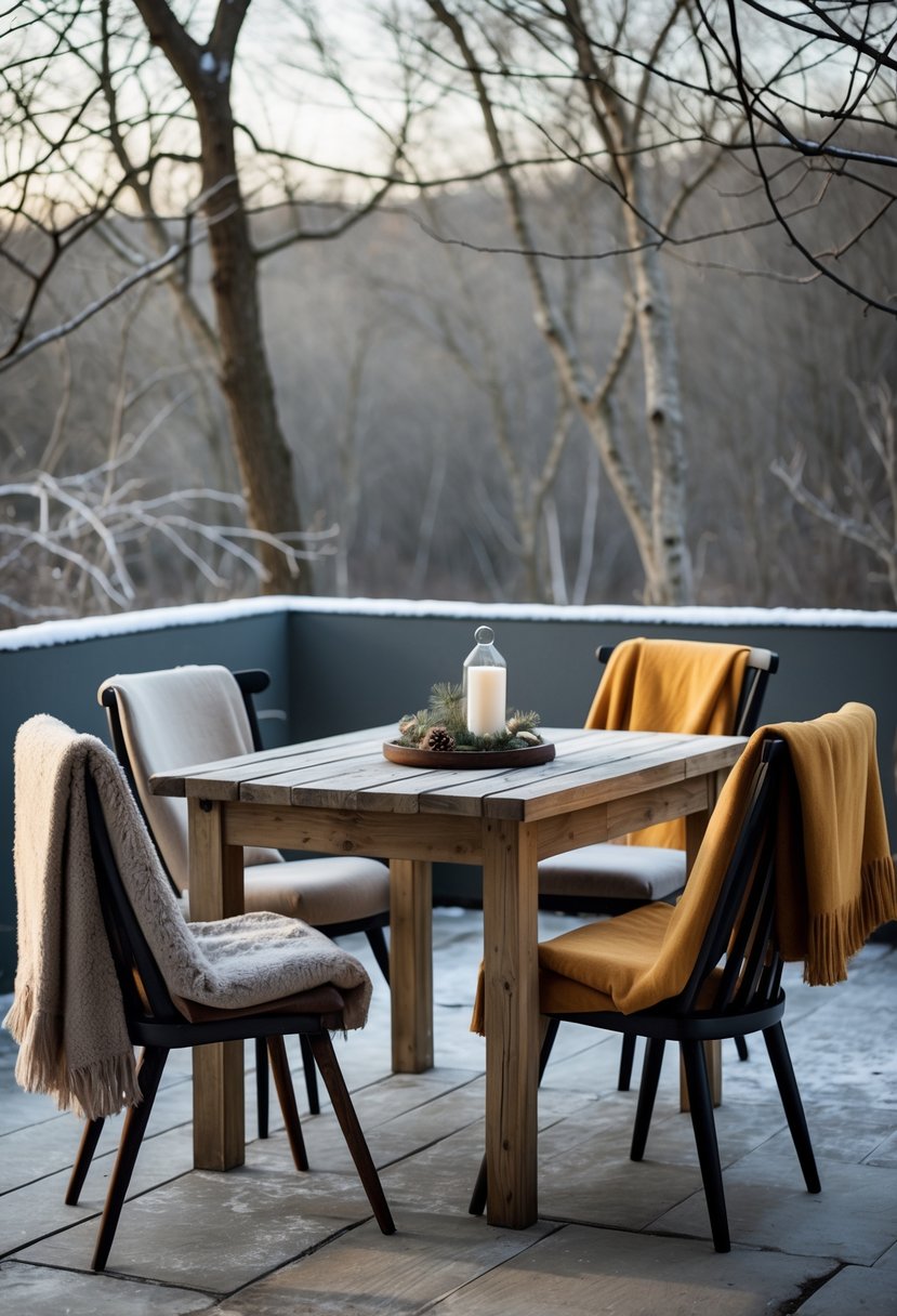 Wooden table on a winter terrace with mismatched chairs covered in blankets.